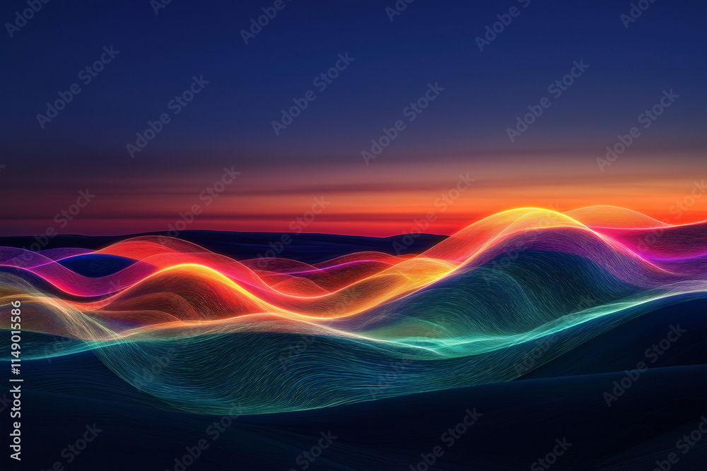 Leuchtende, abstrakte Wellenlandschaft mit bunten, strahlenden Farben

