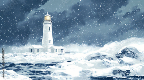Beacon in the blizzard: a stalwart lighthouse standing tall amidst a snow-covered landscape. Stalwart. Illustration