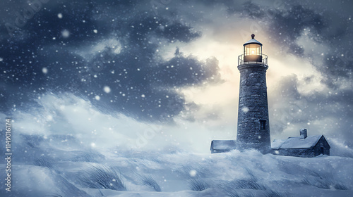Beacon in the blizzard: a stalwart lighthouse standing tall amidst a snow-covered landscape. Stalwart. Illustration