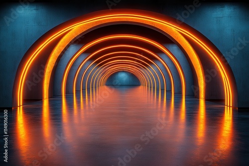 A futuristic tunnel with glowing orange arches and a reflective floor.