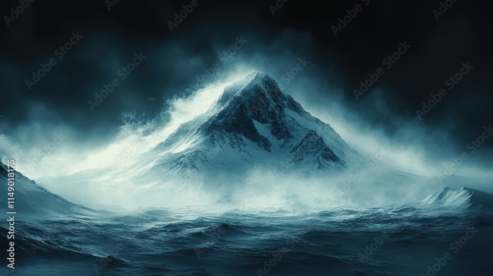 Fototapeta premium A dramatic mountain scene shrouded in mist and surrounded by turbulent waters.