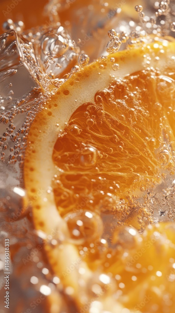 A close-up of a fresh orange slice surrounded by bubbles in sparkling water. A close-up of a fresh orange slice surrounded by bubbles in sparkling water.