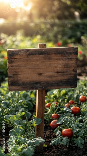 A wooden sign stands in a garden, surrounded by lush green plants and ripe red tomatoes.