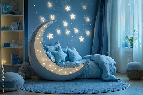 A celestial moon-themed kids' room with a crescent moon-shaped bed, starry lights, and soft blue decor. The room is tranquil with a dreamy, calming ambiance. photo