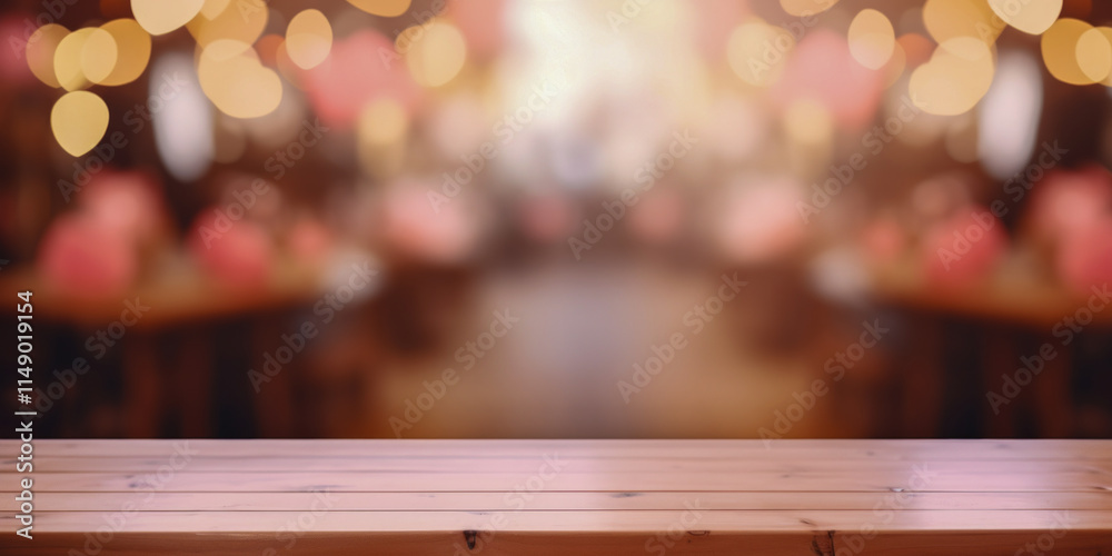 Warm wooden table with blurred festive lights in cozy ambient setting Warm wooden table with blurred festive lights in cozy ambient setting