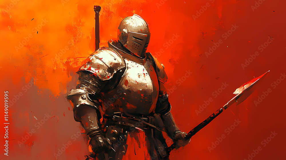 A stalwart knight in shining armor with a spear, ready for adventure, digital art of character design concept. Stalwart. Illustration A stalwart knight in shining armor with a spear, ready for adventure, digital art of character design concept. Stalwart. Illustration