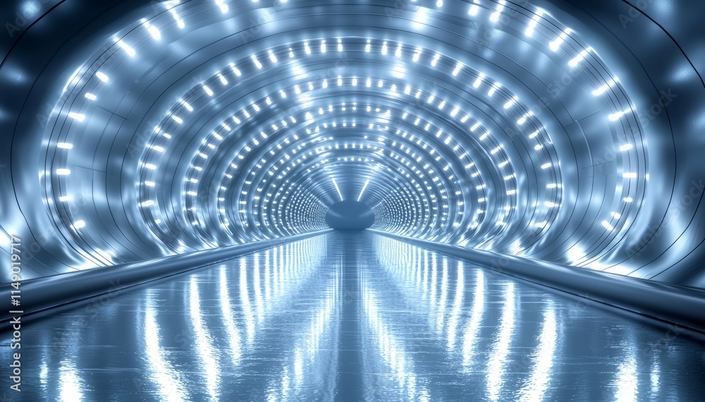 Naklejka premium Futuristic Illuminated Tunnel Leading Towards Distant Light