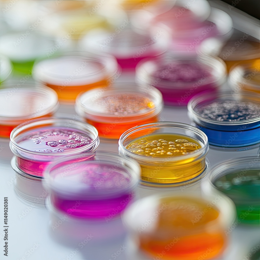 Petri dishes with various samples arranged neatly on a clean surface, captured with detailed and vibrant focus, highlighting precision and organization in a professional laboratory setting Petri dishes with various samples arranged neatly on a clean surface, captured with detailed and vibrant focus, highlighting precision and organization in a professional laboratory setting