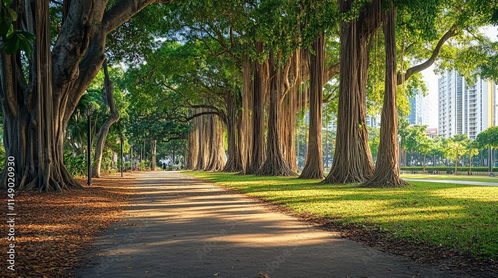 Fototapeta premium Serene Urban Park Path Surrounded by Majestic Banyan Trees