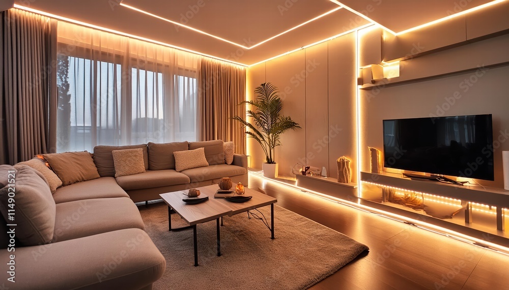 Discover the Essence of Modern Living A Sleek and Stylish Living Room with Comfortable Seating, LED Strip Lighting, and Contemporary Decor for Ultimate Relaxation and Aesthetic Appeal Discover the Essence of Modern Living A Sleek and Stylish Living Room with Comfortable Seating, LED Strip Lighting, and Contemporary Decor for Ultimate Relaxation and Aesthetic Appeal