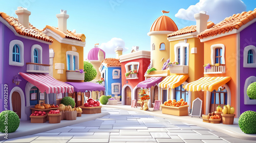 Bright Cartoon Style Rendering of Lively Ancient Streets with Colorful Buildings