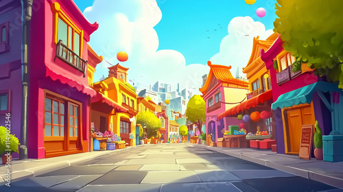 Bright Cartoon Style Rendering of Lively Ancient Streets with Colorful Buildings