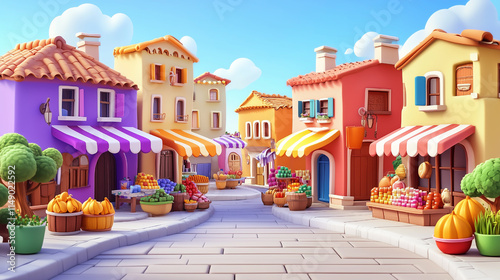 Bright Cartoon Style Rendering of Lively Ancient Streets with Colorful Buildings
