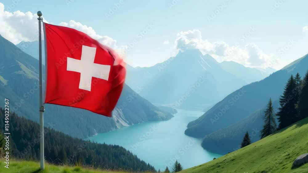 The Swiss flag waves proudly against a stunning backdrop of majestic mountains and a turquoise lake. Concept of the beauty of Switzerland.