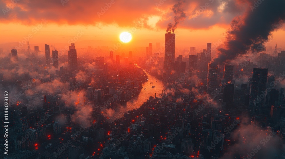 Fototapeta premium A dramatic sunset over a cityscape, with smoke and glowing elements suggesting destruction.
