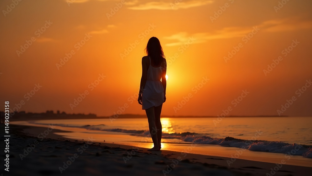 Silhouette of woman on beach late evening Silhouette of woman on beach late evening
