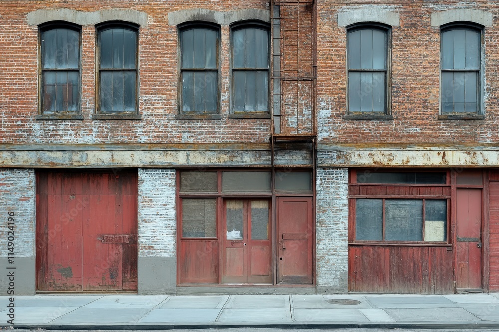 Old brick building facade with red doors and windows. Old brick building facade with red doors and windows.