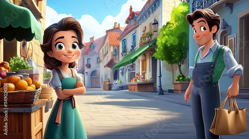 Bright Cartoon Style Rendering of Vibrant Ancient Streets with Characters and Shops