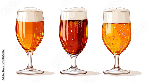 A set of beer glasses pints mugs of foamy fresh drink in vector style isolated beers on white background