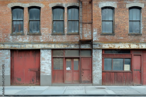Old brick building facade with red doors and windows.