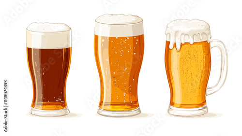 A set of beer glasses pints mugs of foamy fresh drink in vector style isolated beers on white background