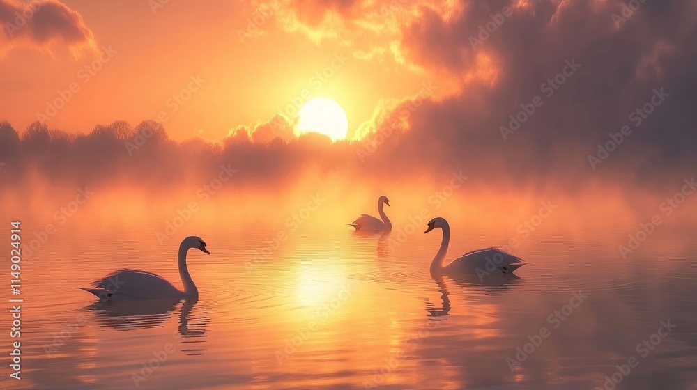 Fototapeta premium Serene Swans Gliding Across Tranquil Lake at Sunset Golden Hour