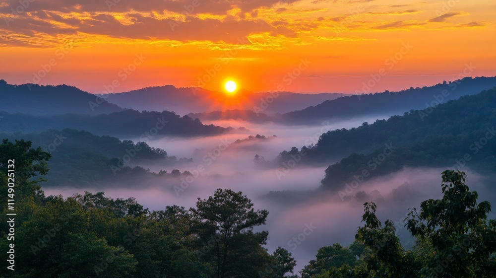 Serene Sunrise Over Rolling Hills and Misty Valley Landscape Serene Sunrise Over Rolling Hills and Misty Valley Landscape
