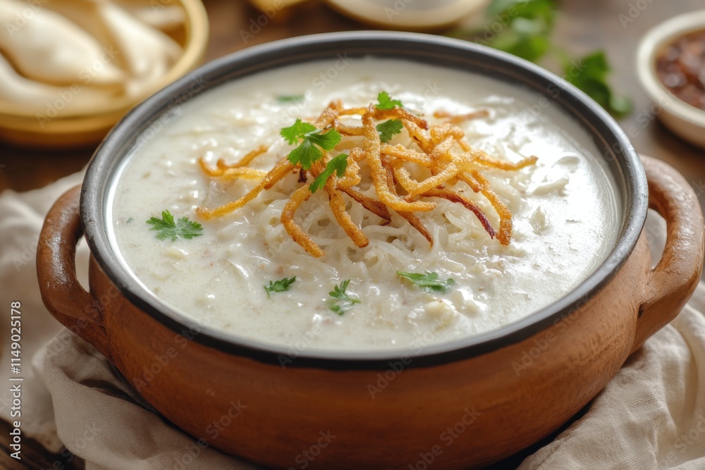 Creamy rice soup with crispy fried onions and parsley garnish in a rustic bowl. Creamy rice soup with crispy fried onions and parsley garnish in a rustic bowl.