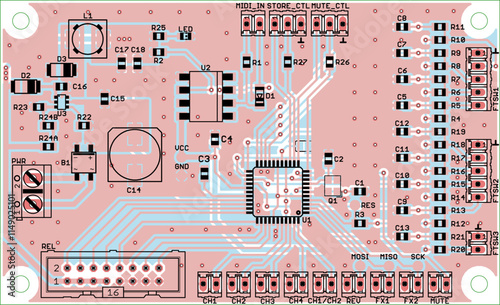 Vector printed circuit board of electronic device with components of radio elements, conductors and contact pads placed on pcb. Engineering technical educational drawing. Computer technic cad design.