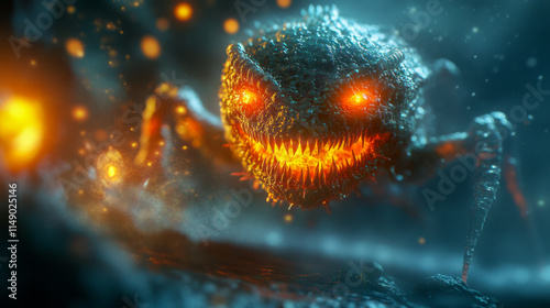 Glowing fiery monster with sharp teeth and intense eyes in a dark fantasy setting photo