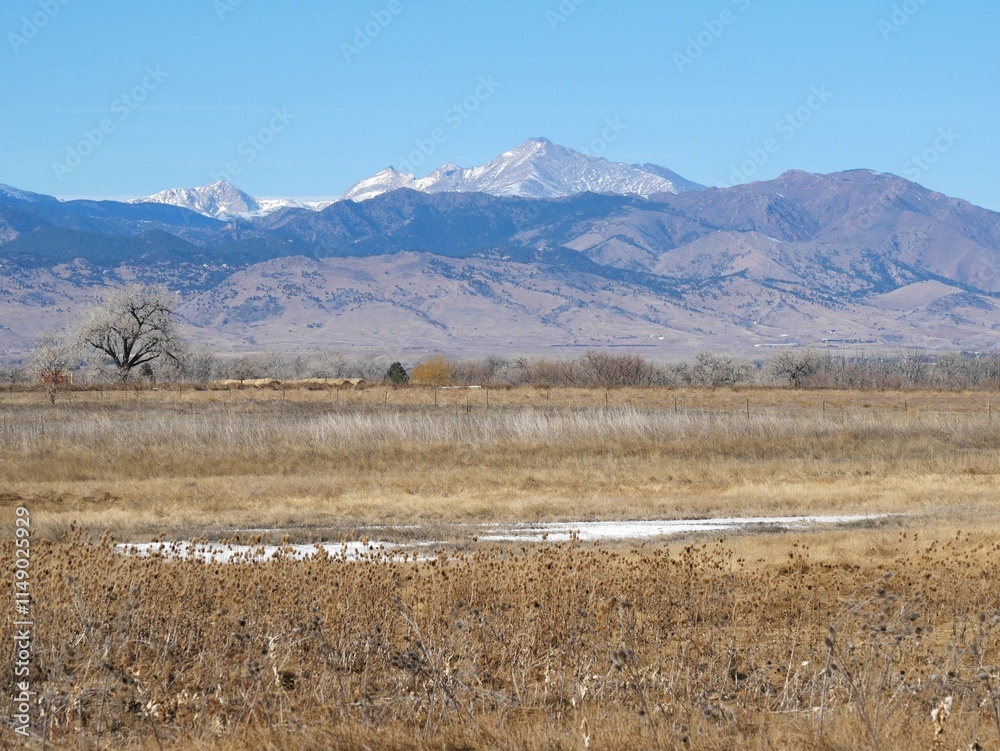 Longs peak in Rocky mountains and Prairies in winter, Colorado Longs peak in Rocky mountains and Prairies in winter, Colorado