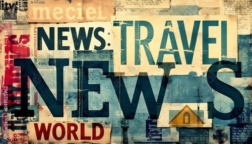 Vintage Travel News Typography Collage with Retro Grunge Text Design - Editorial Background