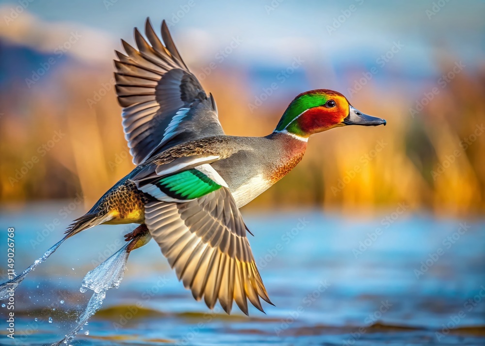 Obraz premium Falcated Duck in Flight, Elegant Waterfowl Bird, Asian Wildlife, Nature Photography