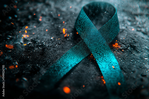 Close-Up of a Glittering Green Ribbon Symbolizing Liver Cancer and Non-Hodgkin Lymphoma Awareness photo