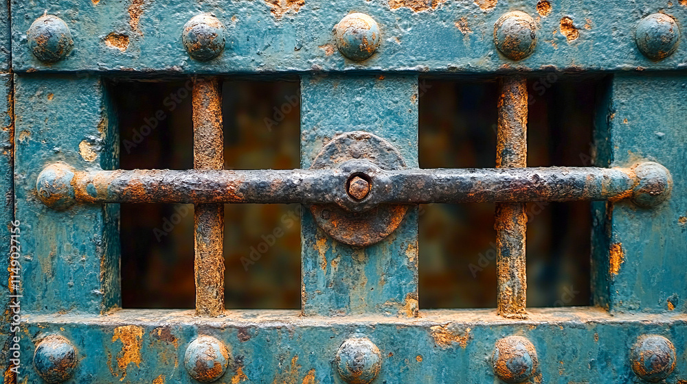 Close-up of weathered blue metal door with rusty bars