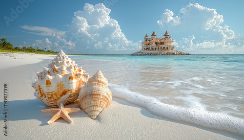 Seashells starfish and oceanfront castle reside on a tranquil beach