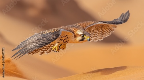A falcon gliding gracefully over sandy dunes, showcasing its agility and beauty.