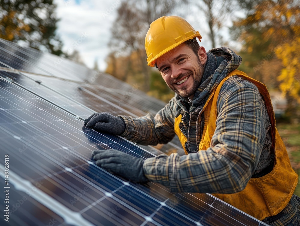 A smiling worker installs solar panels in a natural setting, promoting renewable energy. A smiling worker installs solar panels in a natural setting, promoting renewable energy.