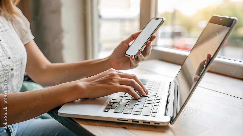 Close-up of manager's hands using laptop and holding mobile phone. multitasking between using laptop and mobile phone.
Close-up of manager's hands using laptop and holding mobile phone. multitasking between using laptop and mobile phone.