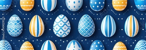 Blue, white, and yellow Easter eggs featuring intricate stripes, dots, and wave patterns, symmetrically arranged on a deep blue background with scattered festive details