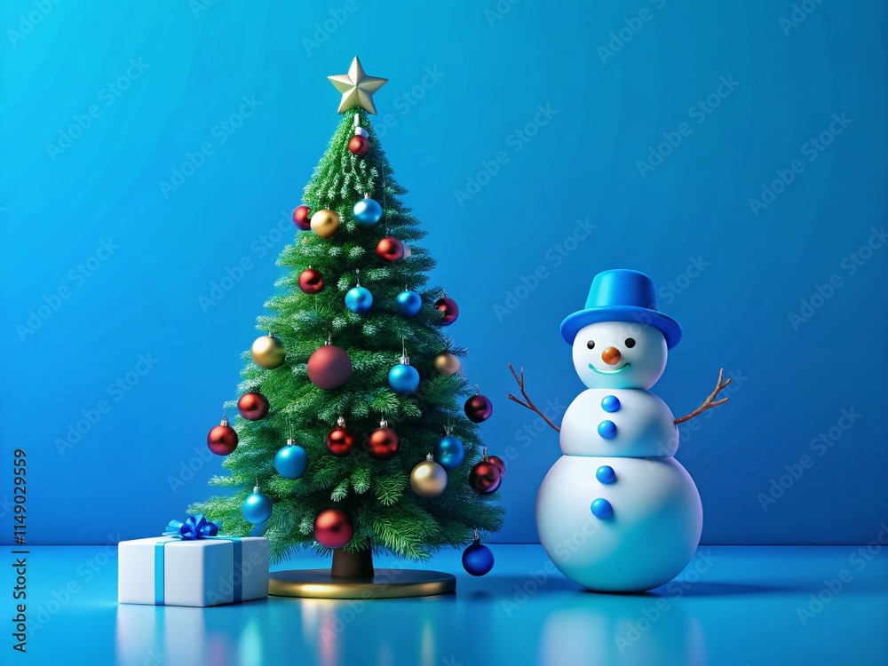 Festive 3D Render: Floating Snowman & Christmas Tree on Blue, Minimalist Christmas Mockup Festive 3D Render: Floating Snowman & Christmas Tree on Blue, Minimalist Christmas Mockup
