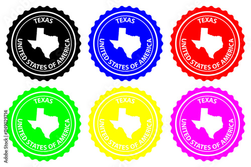 Texas - rubber stamp - vector, Texas (United States of America) map pattern - sticker - black, blue, green, yellow, purple and red 