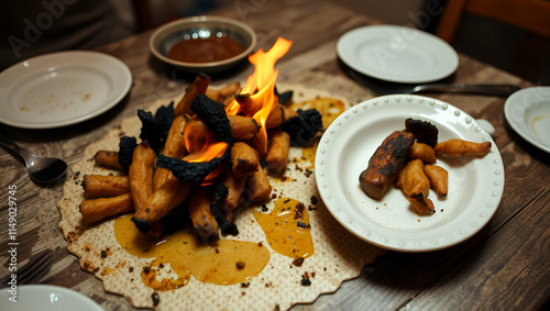 Burnt meal on the table unappetizing and inedible with no one present