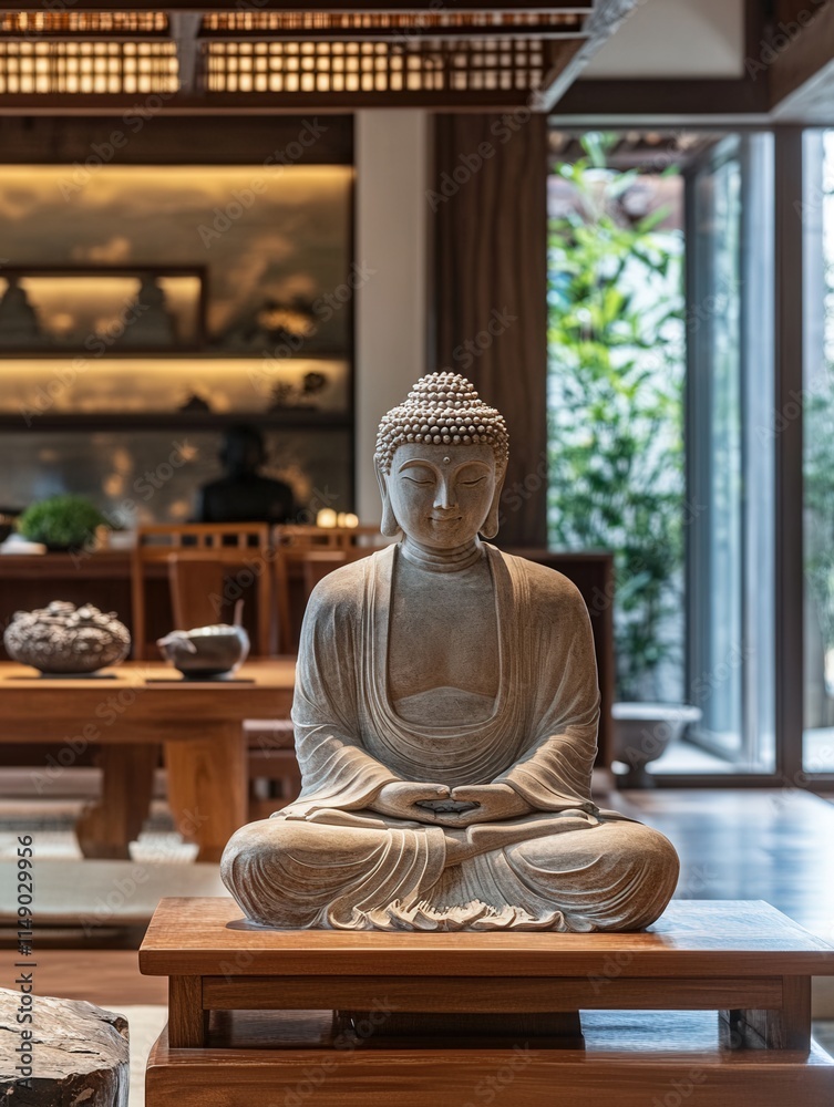 Buddha statue in a bright Asian-inspired interior with natural light Buddha statue in a bright Asian-inspired interior with natural light