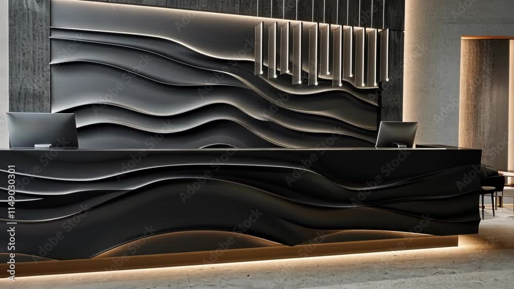 Sleek reception desk featuring wavy illuminated design, creating ...