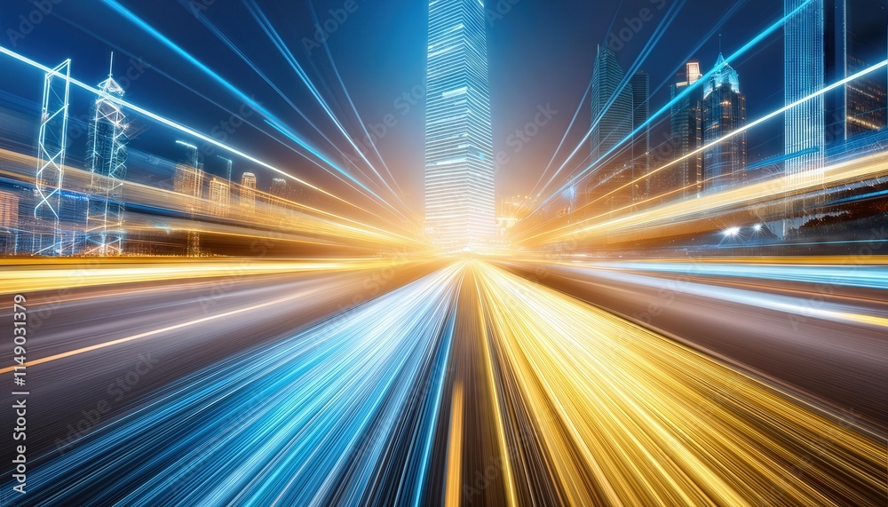Futuristic Abstract Background Featuring HighSpeed Straight Blue and Yellow Lines with Bokeh Glowing Neon Effects for a Dynamic Visual Experience Futuristic Abstract Background Featuring HighSpeed Straight Blue and Yellow Lines with Bokeh Glowing Neon Effects for a Dynamic Visual Experience