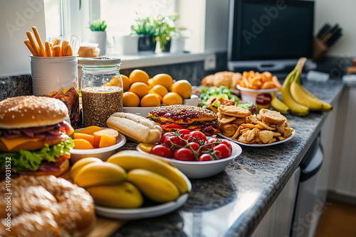 A cluttered kitchen counter with both unhealthy fast food and fresh fruits, showing the struggle of dietary choices, realistic and thought-provoking photo