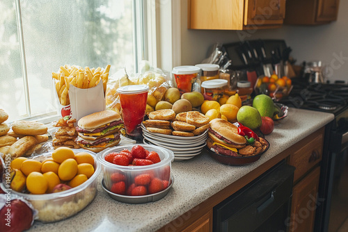 A cluttered kitchen counter with both unhealthy fast food and fresh fruits, showing the struggle of dietary choices, realistic and thought-provoking photo