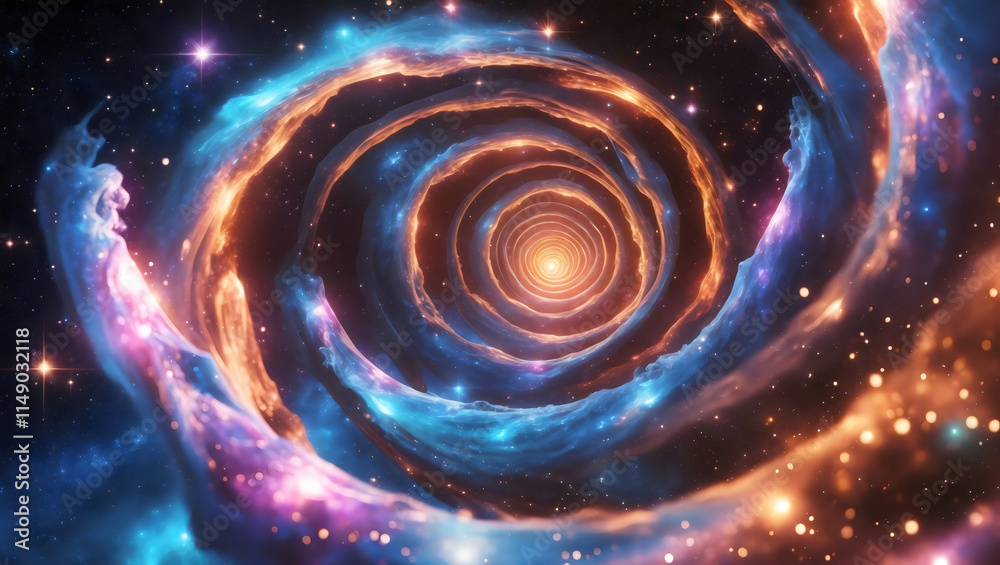 Swirling Cosmic Vortex With Orange And Blue Nebula, Starry Background Swirling Cosmic Vortex With Orange And Blue Nebula, Starry Background