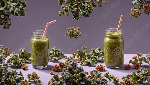 Two jars of green smoothie surrounded by fresh kale leaves on a purple background